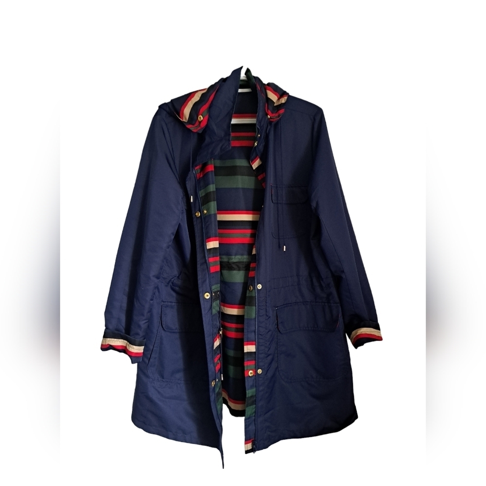 C WONDER Reversible hooded jacket solid navy multi stripe zip windbreaker size L